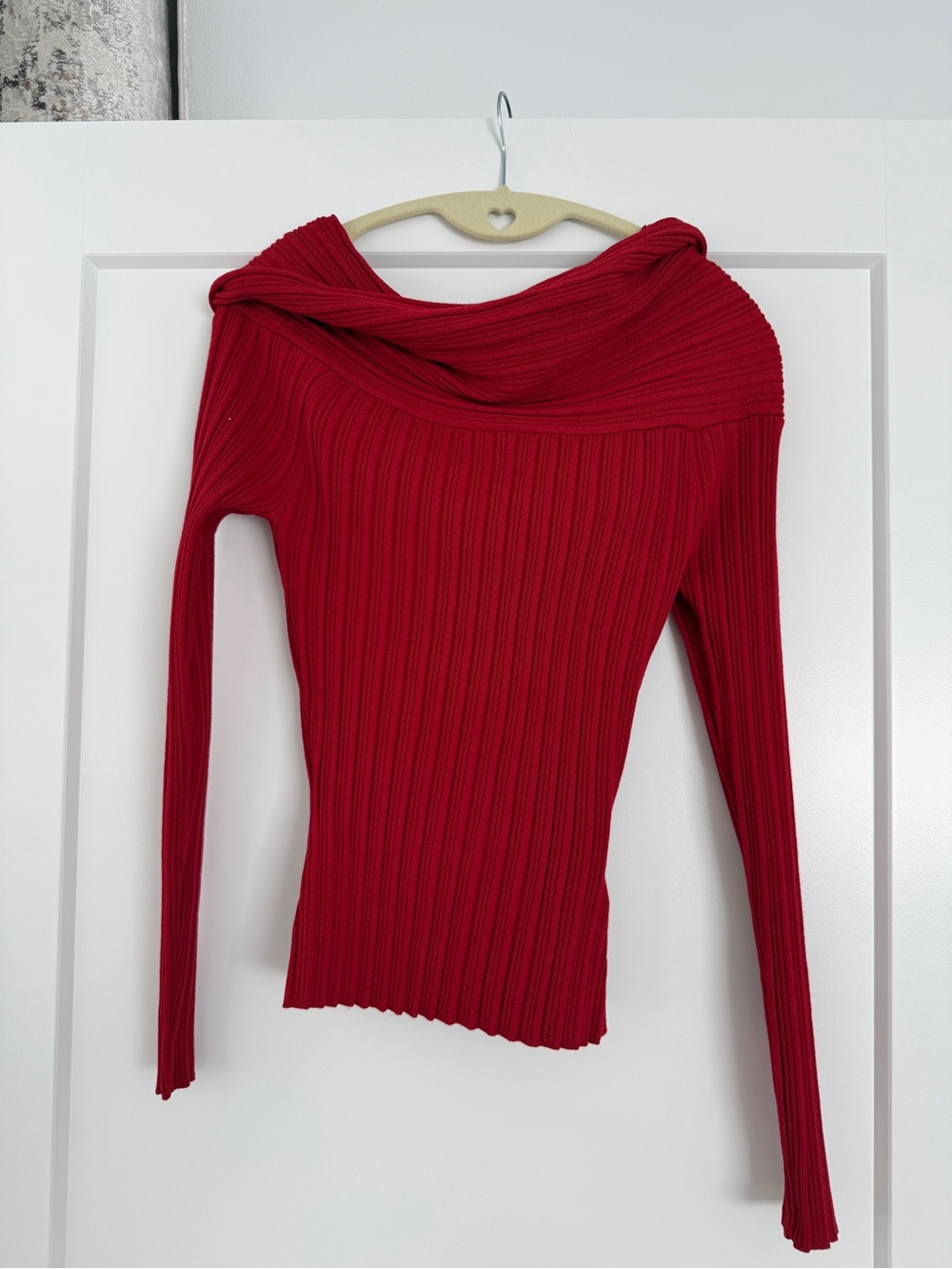 OAK + FORT Red Ribbed Off-the-Shoulder Sweater